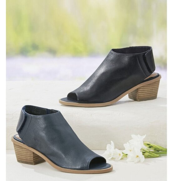 Coldwater Creek Walk With Me Houston Leather Navy Blue Peep Open Toe Sandal Heel - Picture 8 of 9